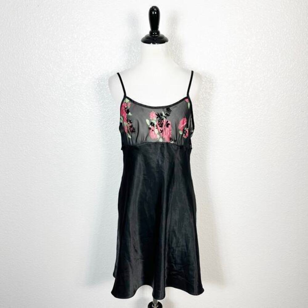 Y2K Romantic Sheer Burnout Satin Babydoll‎ Slip Chemise Mini Dress Black Medium